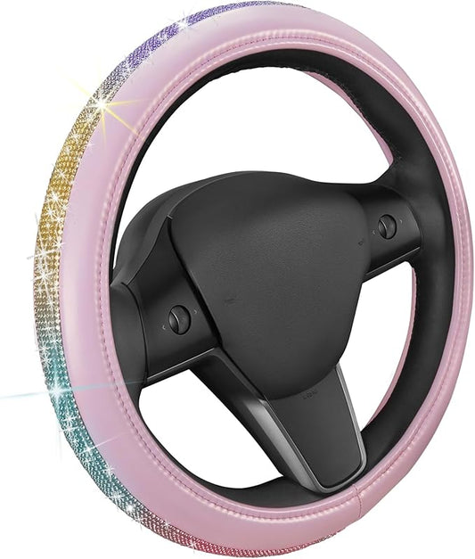 Carbella Pink Diamond Bling Steering Wheel Cover,Standard 15 Inch Size Fits Most Vehicles, Cute Faux Leather Car Steering Cover with Rhinestone Crystal, Car Accessories for Women