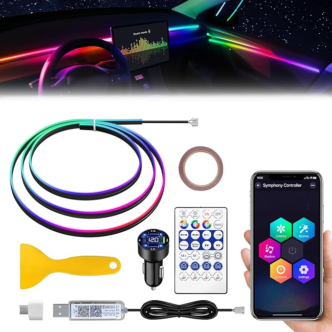 Dreamcolor Acrylic Interior Car LED Strip Light with USB/Type C/4-Port USB Cigarette Lighter,RGB 55.1 inch Ambient Lighting Kits, Sound Active Function Neon Led Strips for Car
