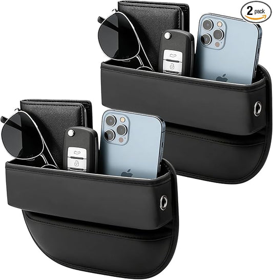 Car Seat Gap Filler Organizer, Multifunctional Auto Console Side Storage Box with Cup Holders & Phone Holder, Premium PU Leather Car Front Seat Organizer for Drinks, Sunglasses, Keys, 2 Pack Black