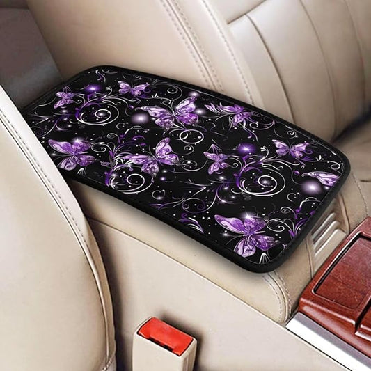 Car Center Console Cover Purple Butterfly Polyester Fabric Auto Armrest Cover Boho Flower Butterflies Cute Hippie Scratch Resistant Wear-Resistant Universal Car Armrest Storage Box Pad