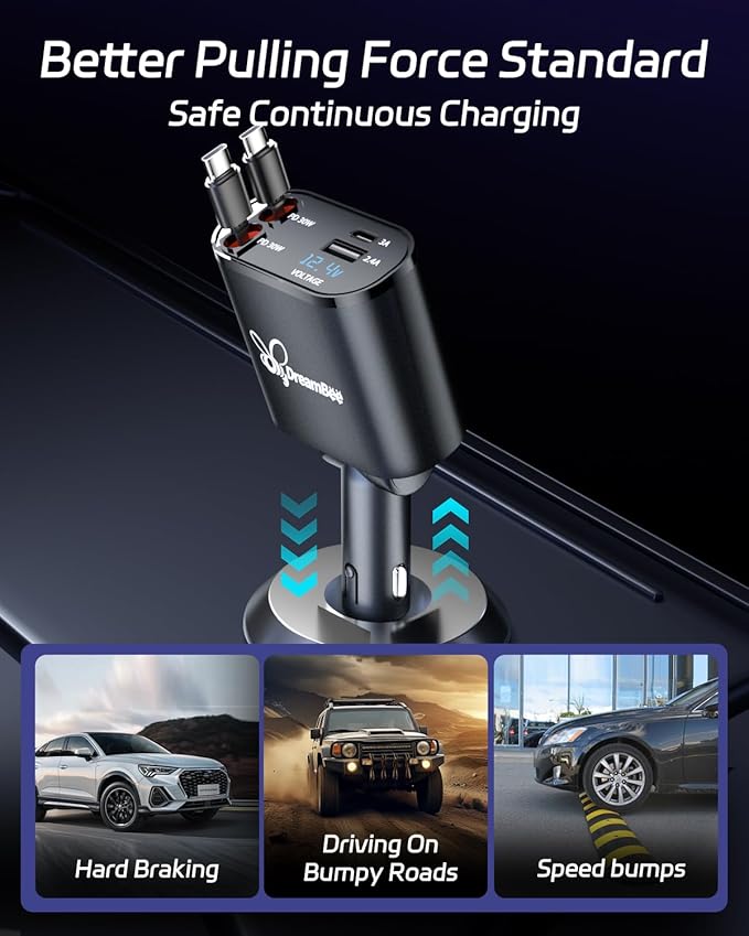 DreamBee Retractable Car Charger,66W Super Fast USB Car Phone Charger,Dual TypeC Retractable Cables Gifts for Men Women Car Truck Accessories for Samsung Galaxy S23+/S23,iPhone 17/16/15/ Pro Max, iPad
