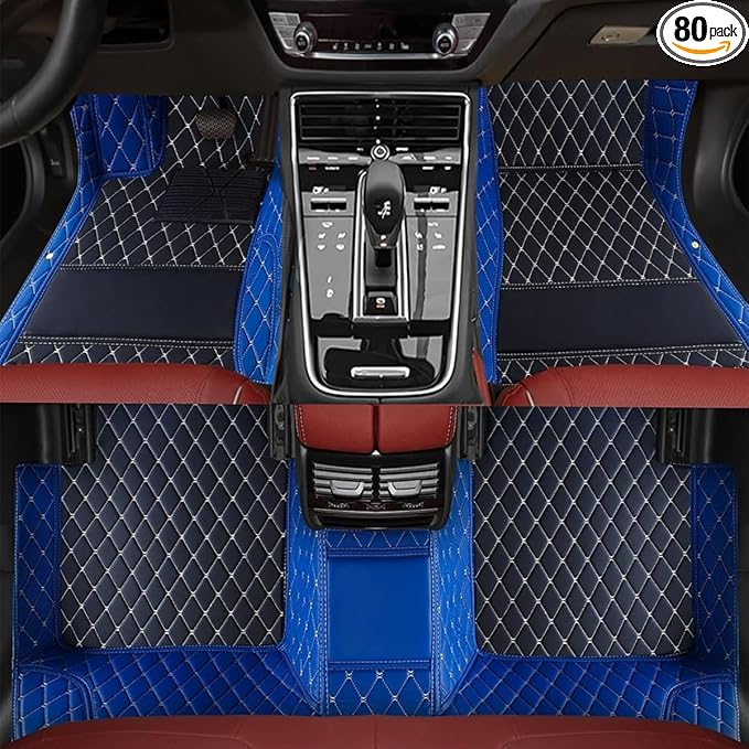 TREGOO All Weather Car Mats Custom Fit Non Slip Floor Mats for 1998-2025 Cars Personalized Leather Protection Pads Suitable for Men Women (Edge Blue, Middle Black, Beige)