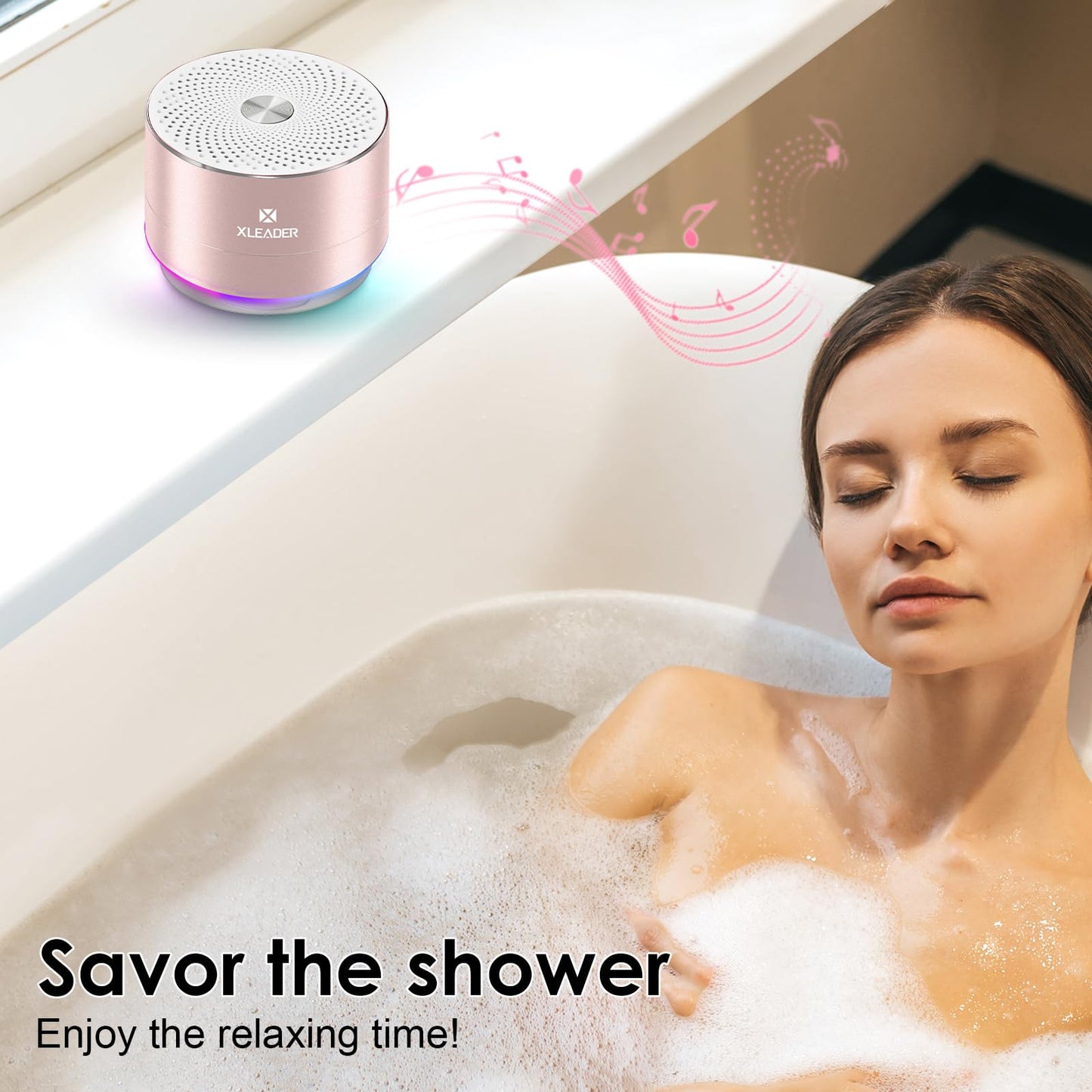 XLEADER Mini Bluetooth Shower Speaker, IPX6 Waterproof Speaker, with RGB Lights, Mic, Portable Silicone Lanyard, Suction Cup, Clear Sound&Rich Bass, 12h Playtime, Small Pink Gifts for Girls Women