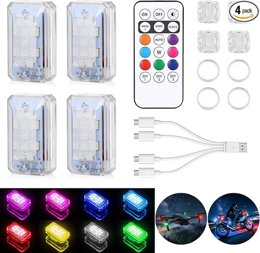 2026 Upgraded 11LEDs Wireless LED Strobe Lights, Ultra Bright 8 Colors Aircraft Strobe Lights with Remote, IP65 Waterproof Anti-Collision Warning Light for Motorcycle Bike Car Drone RV - 4PCS