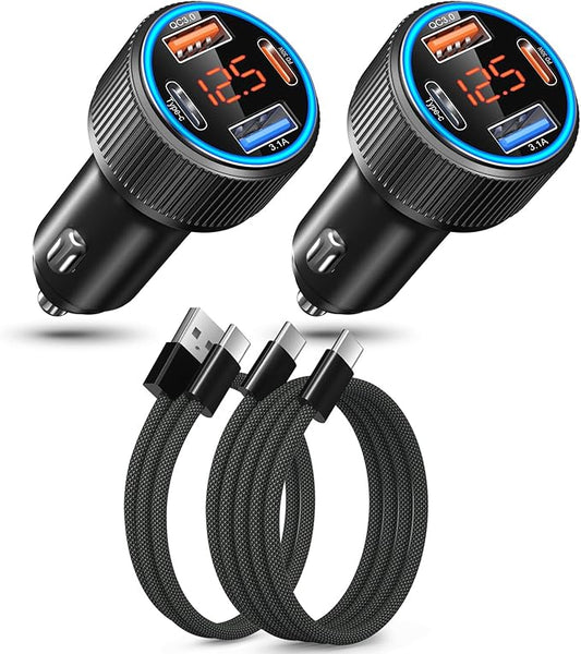 65W Dual USB C & USB A Car Charger Multi Port Cigarette Lighter Adapter with Voltmeter QC+PD 3.0 Fast Charging with 2 Pack Type C Cords