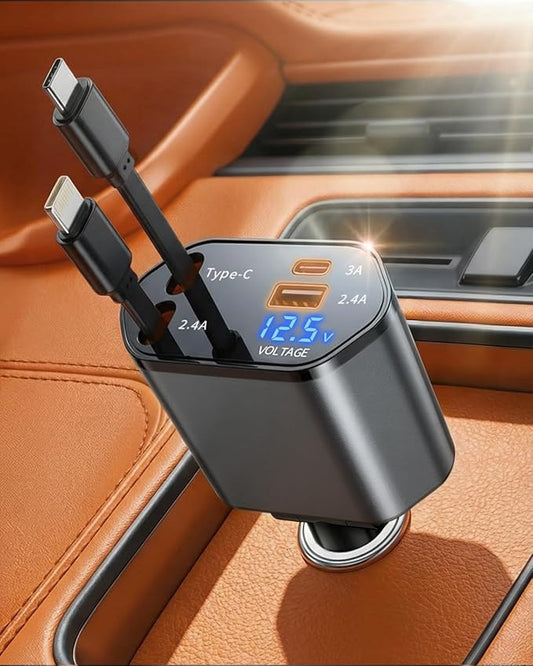 2026 MimAuto 4 in 1 Retractable Car Charger, Car Charger USB C Fast Charger, Car Phone Charger for iPhone 17/16/15/14/13, Samsungs, Tablets, Dash cams, Switch, Gray Car Accessories for Men Women