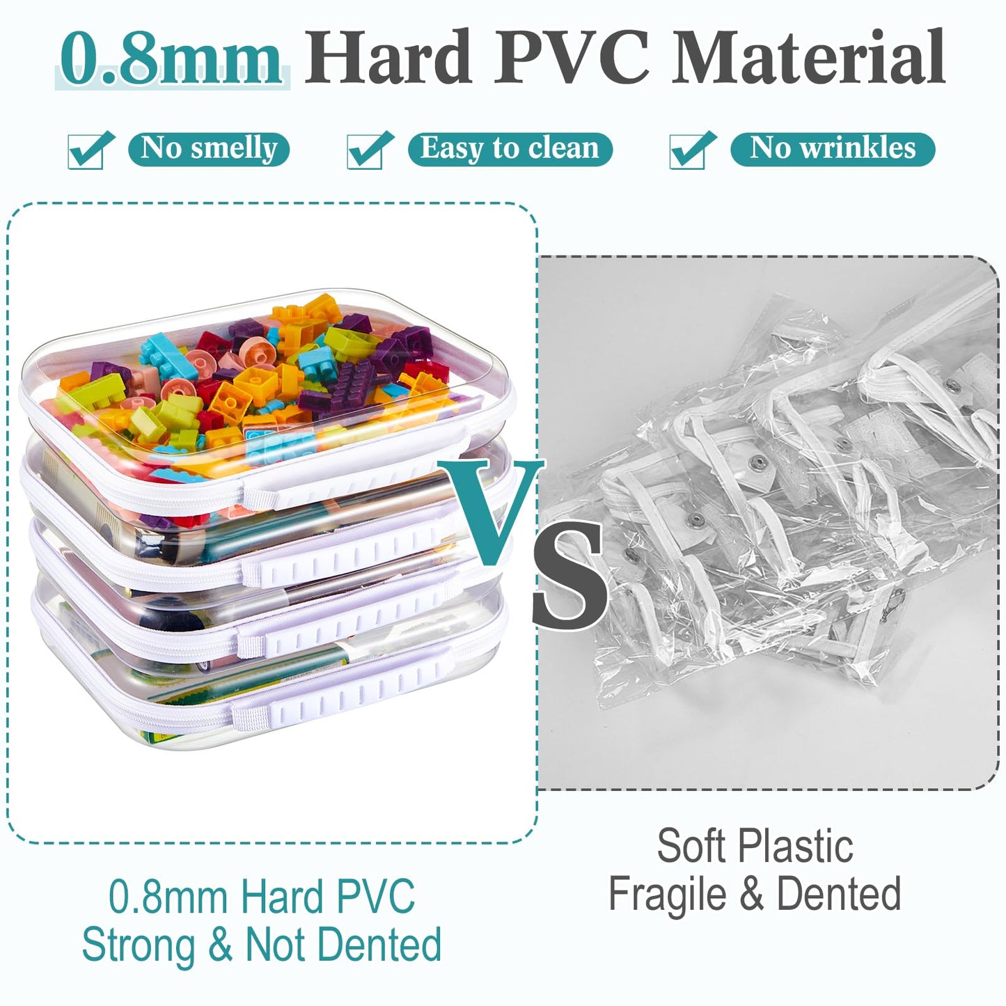 Sanwuta 4 Pcs Clear Hard Zipper Case with Handle Office Storage Cases Hard Plastic Pouches Transparent Bins for Toys, Snacks, Cosmetics, Building Blocks, Puzzles(9.8 x 7.9 x 2 Inches,White)