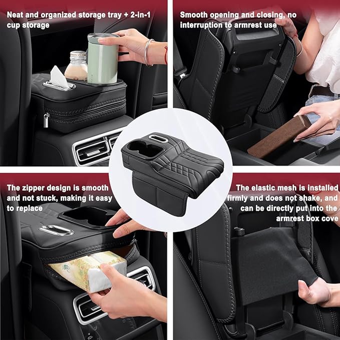 Car Armrest Storage Box for Cadillac XT4 2018–2025 2020 2021 2022 2023 2024, Sport-Style Center Console Organizer with Side Pocket, PU Leather Armrest Cushion, Elbow Support Pad,B White