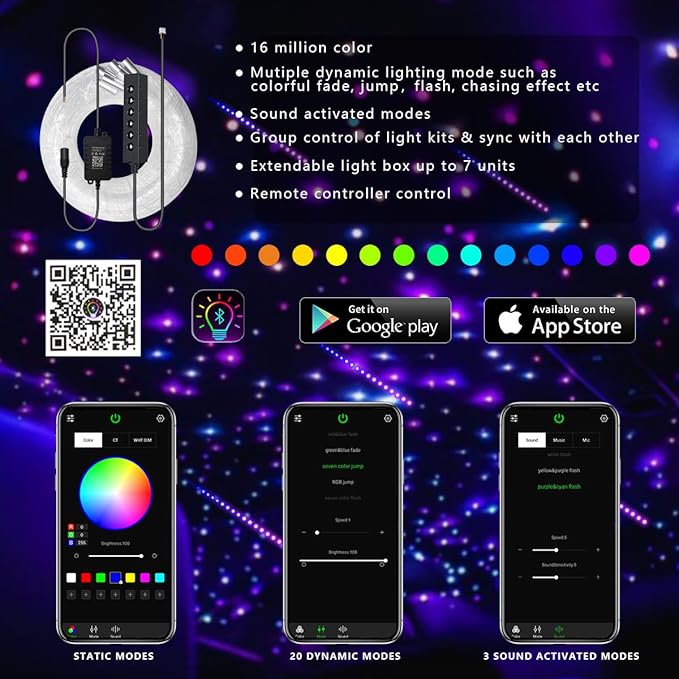 AKEPO 3.2W 6-Hole RGB APP Multiple Color Fiber Optic Lights Kit, Home Car 6.5ft 120pcs of 0.75mm Optical Fiber APP Control Headliner Starlight with Remote and APP Control