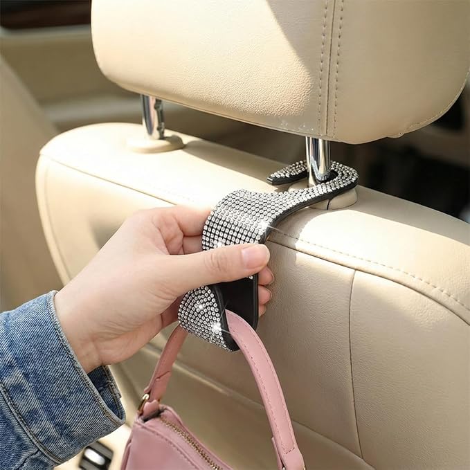 4PCS Bling Car Seat Headrest Hooks, Crystal Rhinestone Vehicle Back Seat Hanger Holder, Auto Interior Headrest Hanging Storage Organizer for Purse Handbag Coat, Universal Fit (Red)