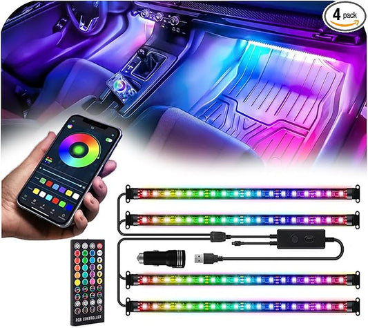 72 LED USB Interior Strip Lights Dream Color RGB-IC 12V DC with App RF Remote Control Multicolor Footwell Under Dash Chasing Inside Light Kits 4 Lines Music Sync Mode for Cars Truck ATV UTV