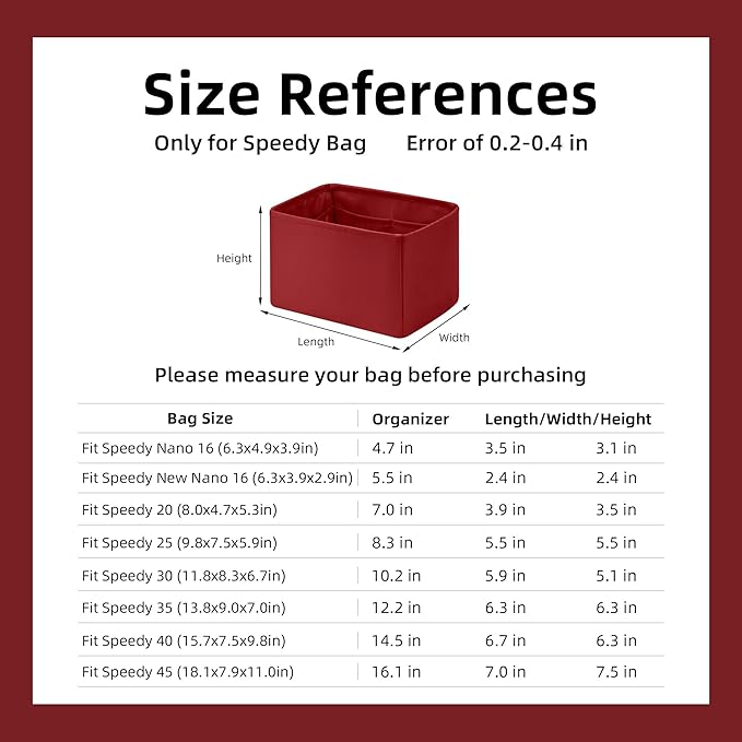 DGAZ Silk Purse Organizer Insert Fits LV Speedy 16/20/25/30/35/45 bags，Silky Smooth Bag Organizer，Luxury Handbag & Tote Shaper（Wine Red，SP35）