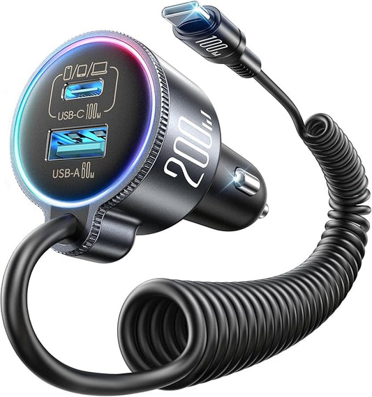 200W Car Charger USB C, PD100W Fast Charge w/100W Type C Fast Charging 5FT Coiled Cable, PD3.0/QC4.0/PPS Cigarette Lighter Phone Adapter for iPhone 17/16 ProMax, MacBook Pro/Air, Samsung S26/S25, iPad