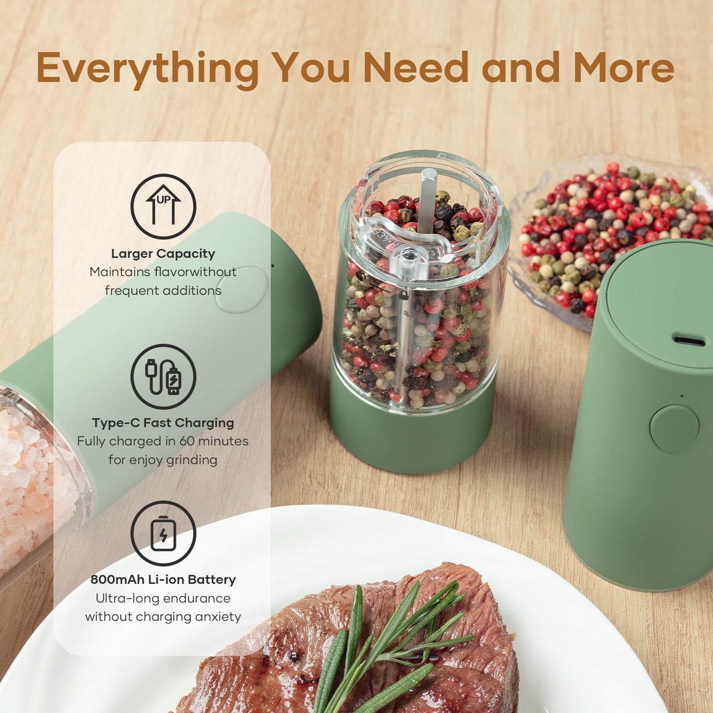 OPIIV Electric Salt & Pepper Grinder Set (2 Pack) – USB Rechargeable, Adjustable Coarseness, One-Handed Operation with LED Light – Automatic Spice Mill Shaker for Kitchen, Dining, or Camping