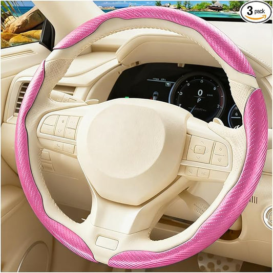 3PCS Carbon Fiber Car Steering Wheel Cover, Leather Segmented Anti-Skid Steering Wheel Protector, Snap on Automotive Interior Protection Accessories, Universal for Vehicles (Pink)