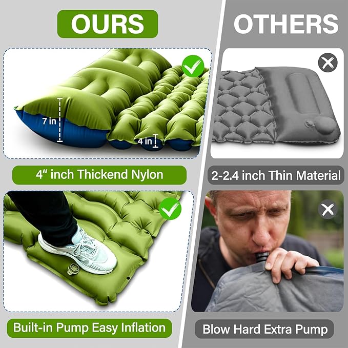 Double Sleeping Pad - Self Inflating 4" Extra-Thick for 2 Person with Pillow Built-in Foot Pump Inflatable Sleeping Mat for Backpacking, Hiking, Traveling, Tent, Portable Camping Mat