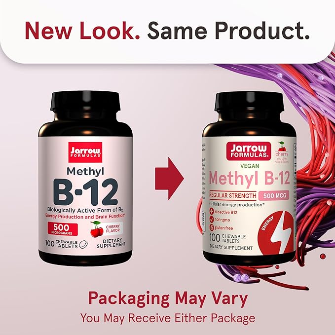 Jarrow Formulas Regular Strength Methyl B-12 500mcg, Dietary Supplement for Cellular Energy Production and Brain Health Support, 100 Cherry-Flavored Chewable Tablets, 100 Day Supply, Pack of 12