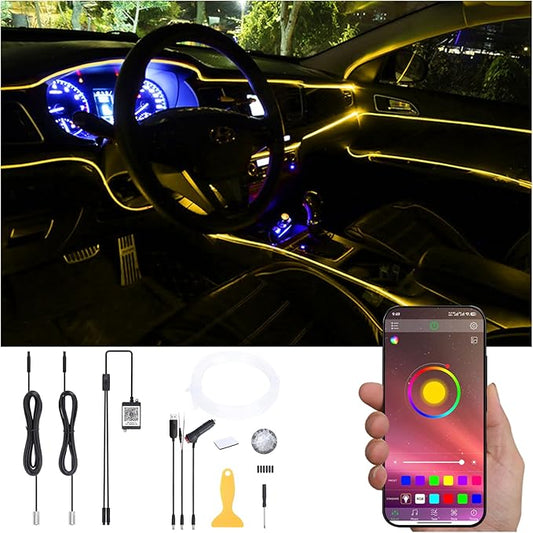 3 Meters Optic Fiber Car Ambient Lighting with Bluetooth App Control 64 Colors Multicoloured Music Interior Lighting Kit DC 12V 1W