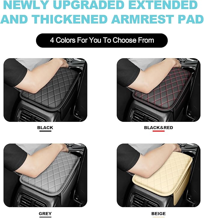 Center Console Cover Fit for Kia Forte 2010-2024 with 2 Storage Bags Waterproof Leather Quilted Pattern Car Armrest Cover Cushion Anti - Slip(Black&Red Line)