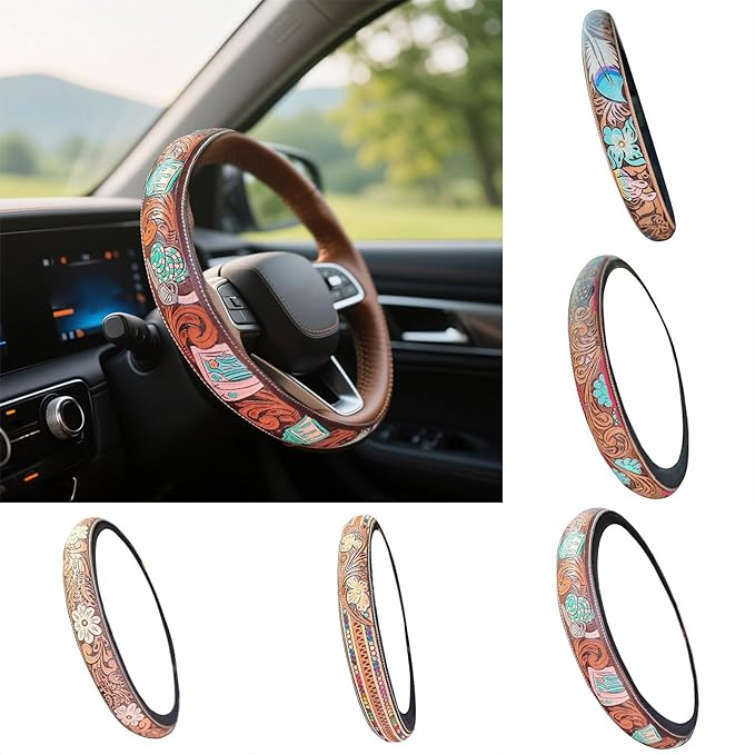 Retro Western Cowboy Car Universal Steering Wheel Cover, Embossed Handcrafted Tooled Leather Western,Anti Slip, Auto Interiors Accessories,Breathable for Trucks SUVs Cars (A)