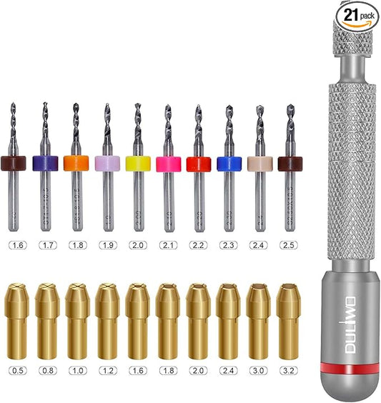 21 PCS Hand Drill Set, Pin Vise Hand Drill Set Including 10 PCS (1.6-2.5mm) Miniature Mini Drill Bits and 10 PCS (0.5-3.2mm) PCB Mini Chuck Chuck for Jewelry DIY, Resin, Wood, Model Making
