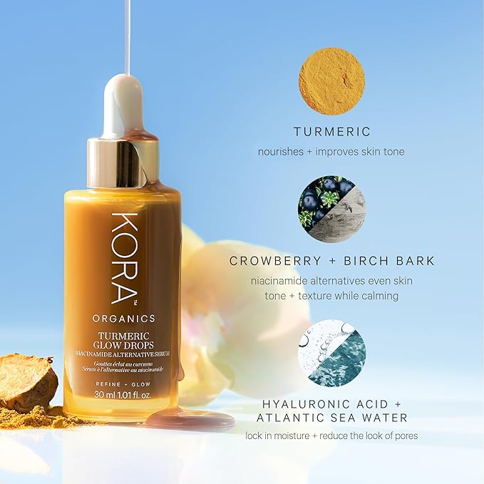 KORA Organics Turmeric Glow Drops, Certified Organic Radiance Face Serum with Niacinamide Alternative, Improves Texture & Pore Appearance, Vegan, 1.01 fl oz
