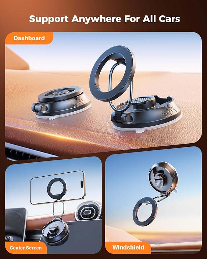 【2026 Newest】SUPERONE for Magsafe Car Mount Suction Cup,【Strongest Suction, 70% Less Spcae】Magnetic Car Phone Holder, Vacuum Phone Mount Foldable Car Accessories for iPhone 17 Pro Max/16/15/14/13/12