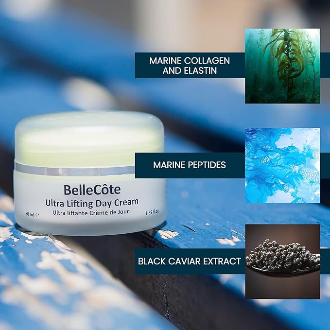BelleCôte Paris Caviar Ultra Lifting Day Cream - Anti Aging with Hyaluronic Acid, Peptides & Avocado Oil | Boosts Collagen Synthesis & Reduces Lines and Wrinkles | For Dehydrated Face Skin 1.6 fl oz