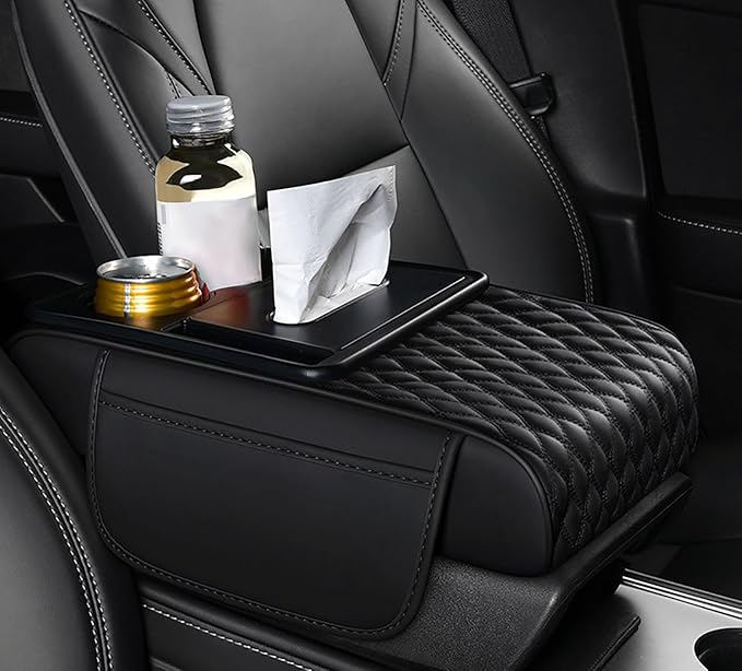 Car Armrest Center Console Cover for Audi Q3 2015–2025, Center Console Pad with Cup Holder, Multifunctional Armrest Cushion,B Black