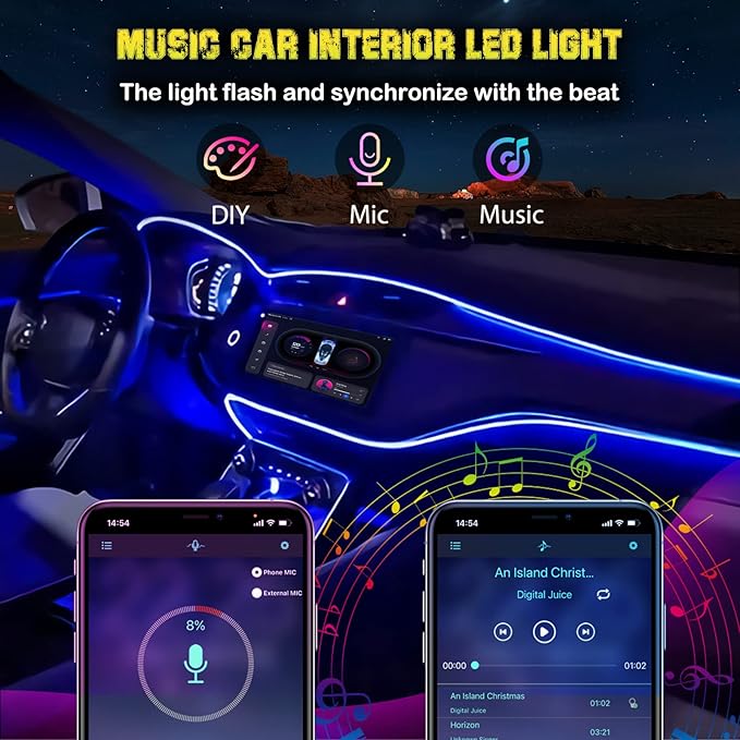 Jushope Interior Car LED Strip Lights, RGB USB Car Ambient Lighting with Wireless APP & Remote Control, Car Accessories Fiber Optifc Lights Sync to Music (2 LED/157 inches)