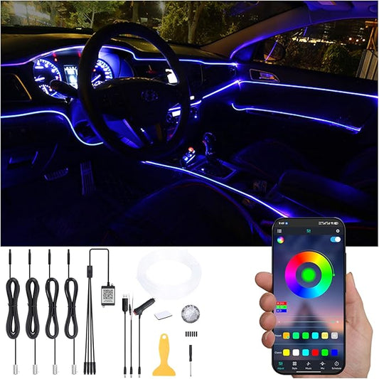 Car Ambient Lighting Optic Fiber 64 Colors Music Sound Active with APP Control Car Decorative Atmosphere Lighting Kit DC 12V 1W 4m