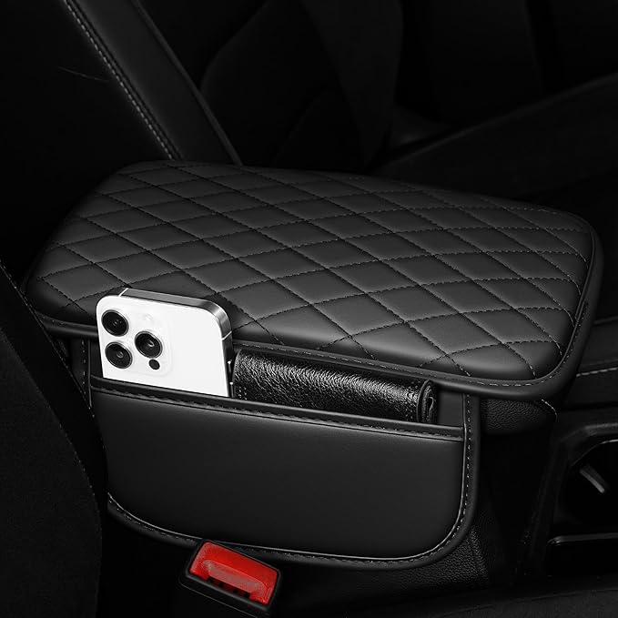 Center Console Cover Fit for Kia Optima 2006-2020 with 2 Storage Bags Waterproof Leather Quilted Pattern Car Armrest Cover Cushion Anti - Slip(Black)