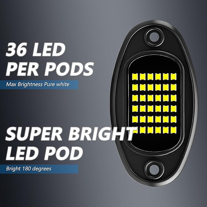 4 Pods White Rock Lights 6000K Pure White 36 LEDs SMD Chips Super Bright Neon Underglow Light IP68 Waterproof for Pickup Trucks SUV UTV ATV RZR Car Boats