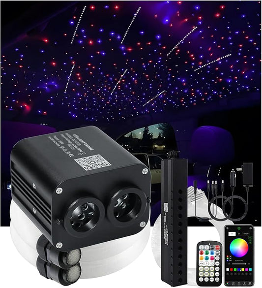 20W RGBW Twinkle APP Dual-Head Pure White Shooting Star Fiber Optic Lights, 1000pcs*0.03in(9.8ft/3m) Optical Fiber Star Ceiling Light Kit for Car Headliner Star/Home