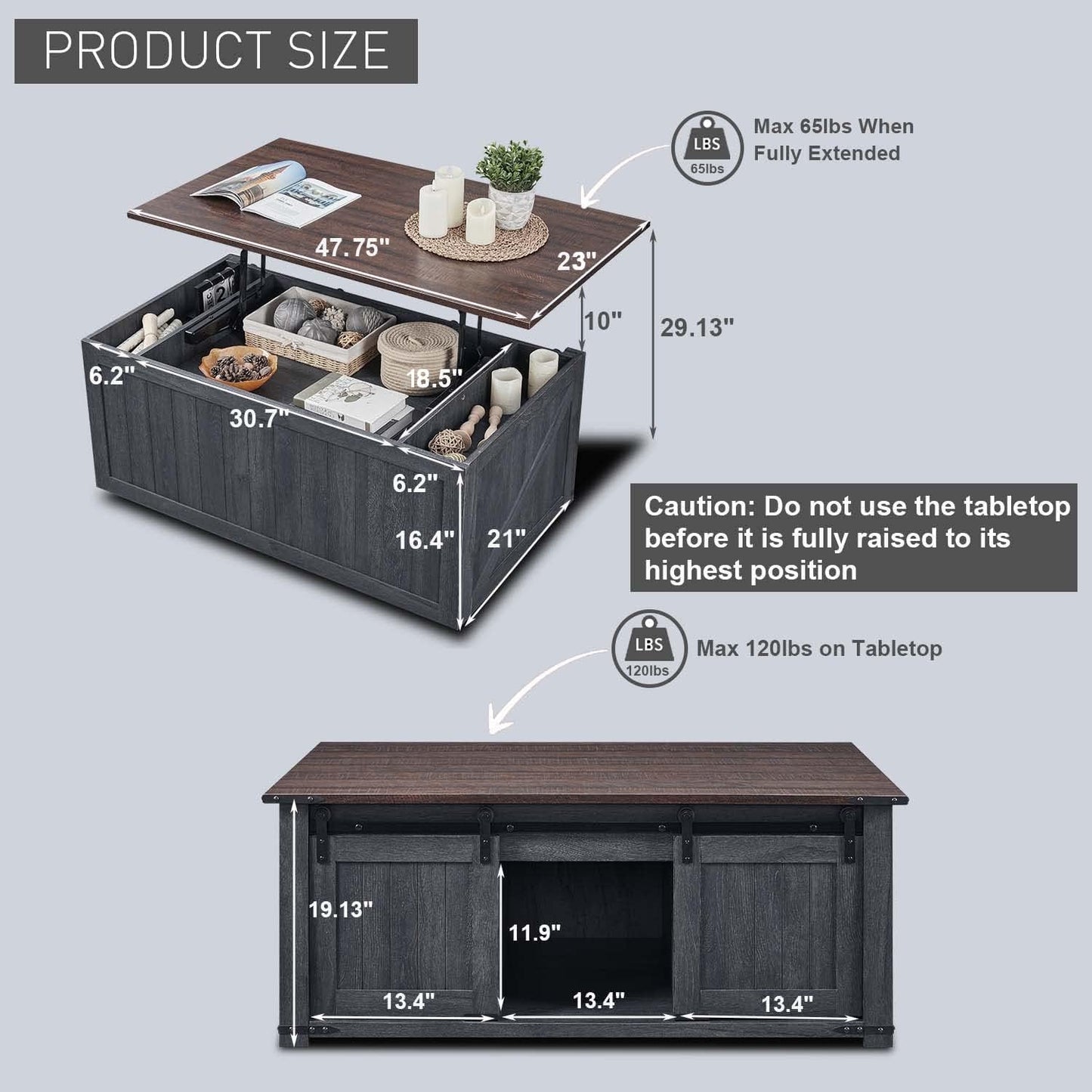 IFGET 48" Lift Top Coffee Table, Farmhouse Cocktai with Sliding Groove Barn Door, Rustic Wood Center Table w/Double Storage Spaces for Living Room, Dark Grey