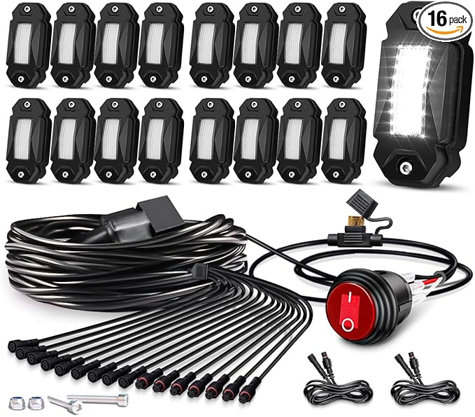 Rock Lights,LEDMIRCY R2 Pure White LED Rock Lights Kit 16PCS with Toggle Switch Wiring Harness Ultra Bright for UTV Trucks ATV Underglow Light Trail Rig Under Body High Power Waterproof