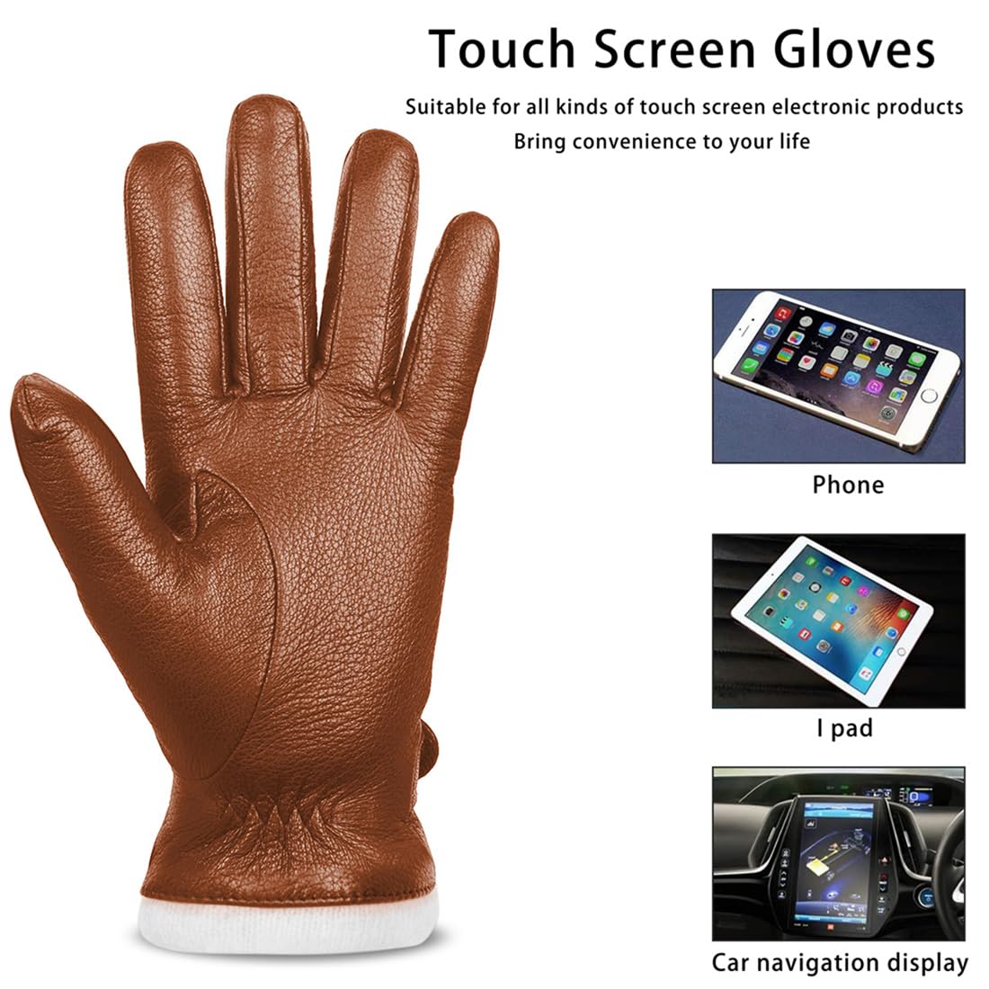 Harssidanzar Leather Gloves Men,Genuine Leather Warm Cashmere Lined Touchscreen Texting Gloves for Driving KM051US,Camel,Szie M