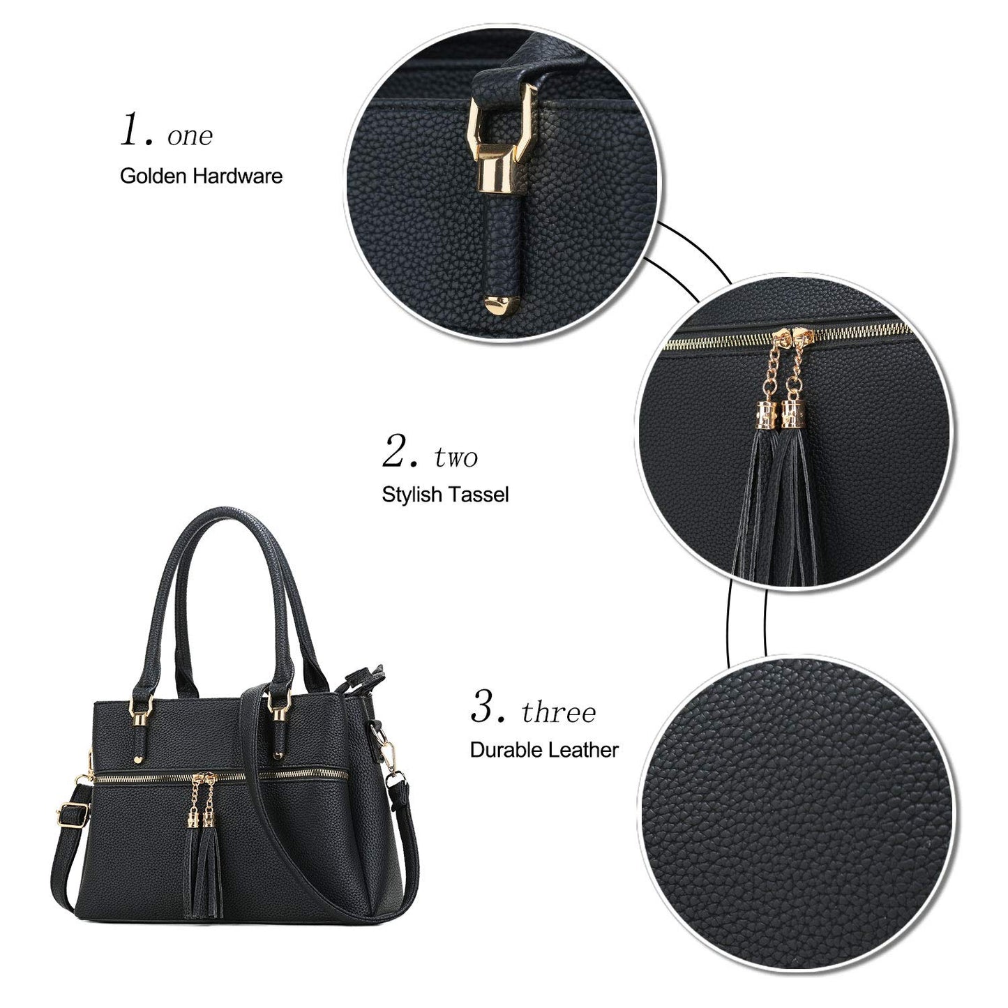 KKXIU 3 Zippered Compartments Purses and Handbags for Women Vegan Leather Ladies Multi Pocket Satchel Bags (D-black)