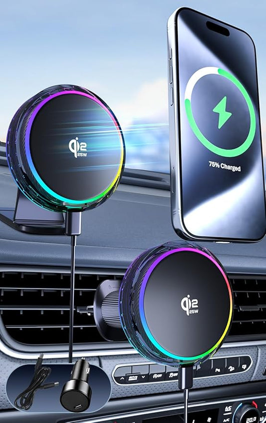 25W MagSafe Compatible Car Mount Charger with Air-Cooled, 3500gf Magnetic Phone Holder for iPhone and Android, Dash Air Vent with Rainbow Ambient Light Valentines Day Gifts