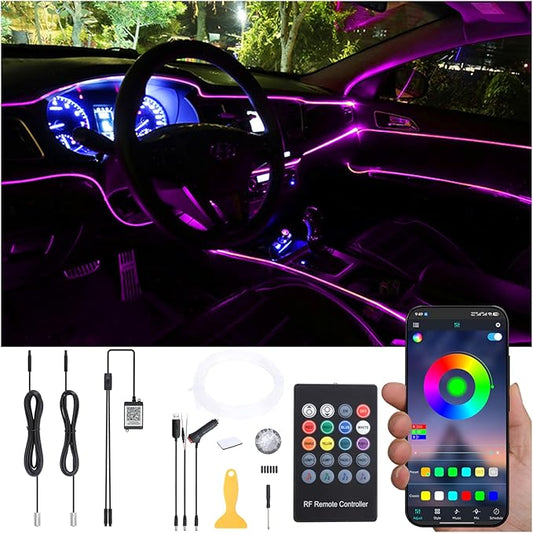 Car Interior Strip Lights, 2 in 1 Multicolor RGB Car Ambient Lighting Kit, 3m Fiber Optic EL Neon Tube Light, DIY Mode Music Sync RF Remote Control + APP Control DC 12V