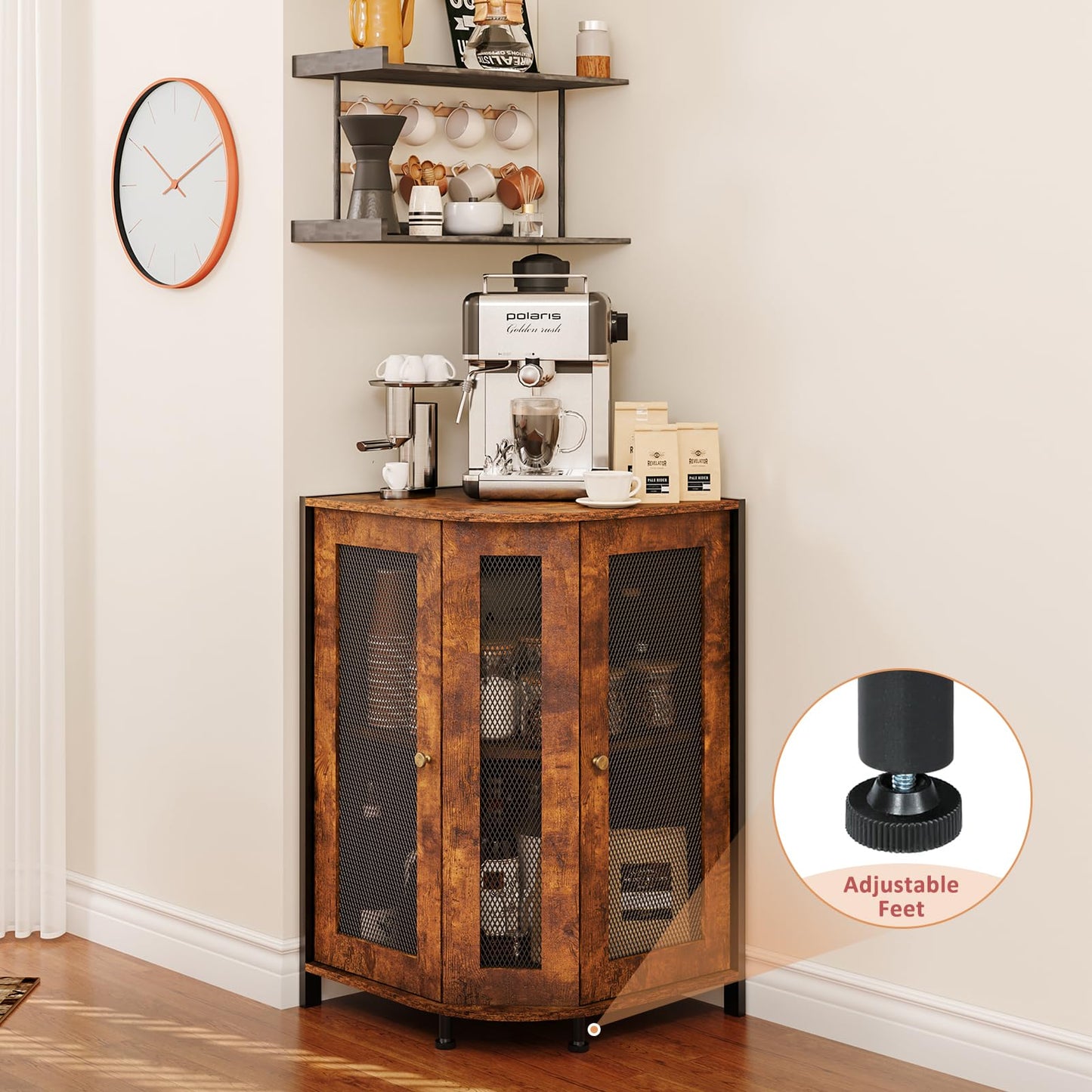 keomaisyto Coffee Bar Cabinet, 3-Tier Corner Coffee Cabinet with Storage Shelf & 18.7" Countertop, Rustic Wood Corner Bar Station with Magnetic Door for Kitchen/Entrance/Living Room/Dining Room