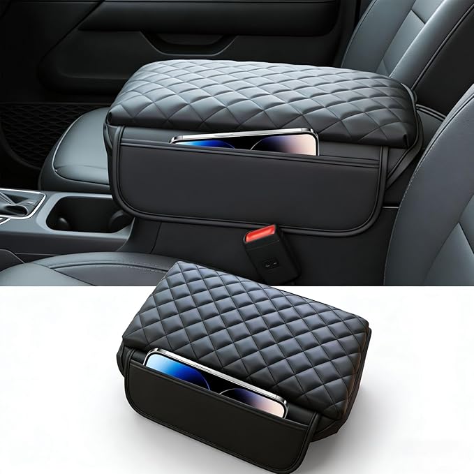 Center Console Cover with Pocket for Jeep Wrangler JL 2018-2025 Armrest Cover Leather Arm Rest Pad with Pockets Middle Console Lid for Wrangler JL JLU&Gladiator JT2018-2025 Accessories（Black）