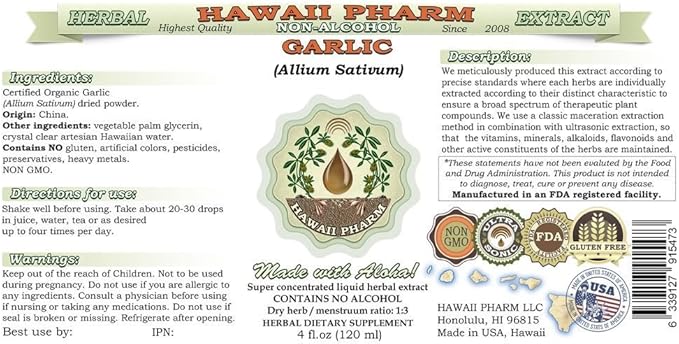 Garlic Alcohol-Free Liquid Extract, Organic Garlic (Allium sativum) Dried Powder Glycerite Hawaii Pharm Natural Herbal Supplement 32 oz Unfiltered