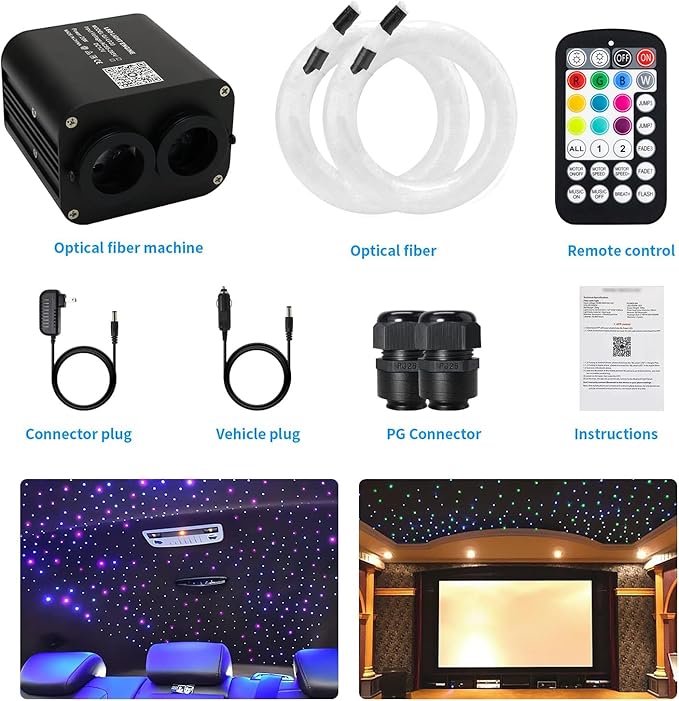 AMKI Dual Color 20W Twinkle Starlight Headliner Kit 1300pcs 0.03in 13.1ft Fiber Optic Star Ceiling Light Sound Activated Music Mode APP/Remote Control Dual Port Light Box for Car Home Roof Decor