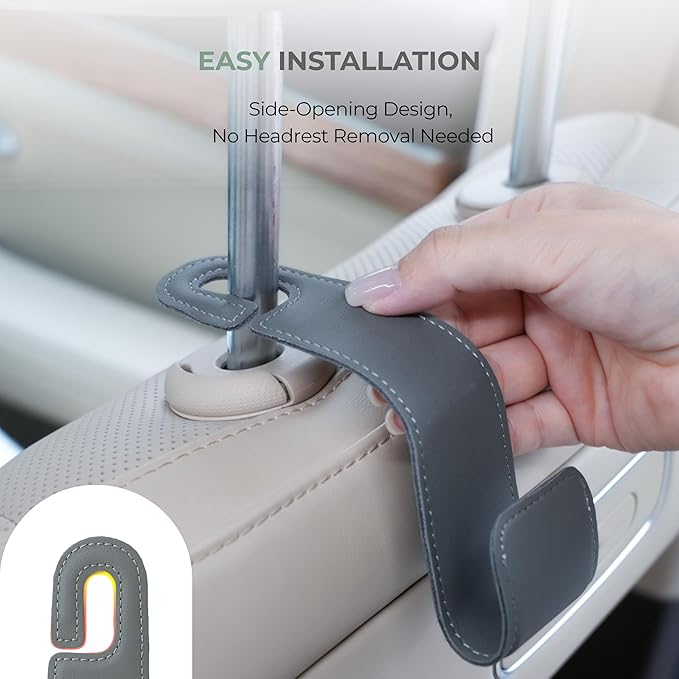 Car Seat Hooks - 2 Pack Upgraded Leather Headrest Hooks for Hanging Purse and Bag, Car Organization Accessories (Black)