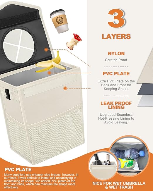 Pritent Car Trash Can with Lid, Cute Leakproof Car Trash Garbage Bag Hanging Vehicle Trash Bin Small Portable Automotive Garbage Cans Organizer for Back/Front Seat(4 Gallons,Beige)