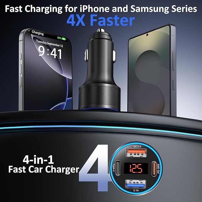 65W 4-Port Super Fast Car Charger Type C for Galaxy S25 S24 S23 Ultra S22 S21 A16 A53 A54 PD/QC3.0 Android Car Phone Charger USB C Cigarette Lighter Voltage Meter Adapter+5FT Type C Coiled Cable