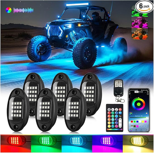 6Pods Segmented RGB LED Rock Lights Kit for ATV UTV 4 Wheeler Can-Am SXS RZR Side By Side Offroad Golf Cart with APP/RF Remote, Multicolor Underglow Accent Light Waterproof Vehicle Music 12V Underbody