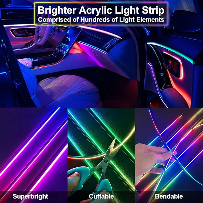 Dreamcolor Acrylic Interior Car Light with Wireless APP, RGB 18 in 1 Car Ambient Lighting Kits with 175 inches 600 LEDs, 16 Million Colors Sound Activated Car Neon Lights