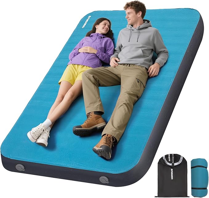FUNDANGO Queen Sleeping Pad for Camping, 2 Person Self-Inflating Air Mattress Cot, Foldable Camping Mat with Pump Sack Bag, Camping Essentials for Tents Car, Outdoor & Home